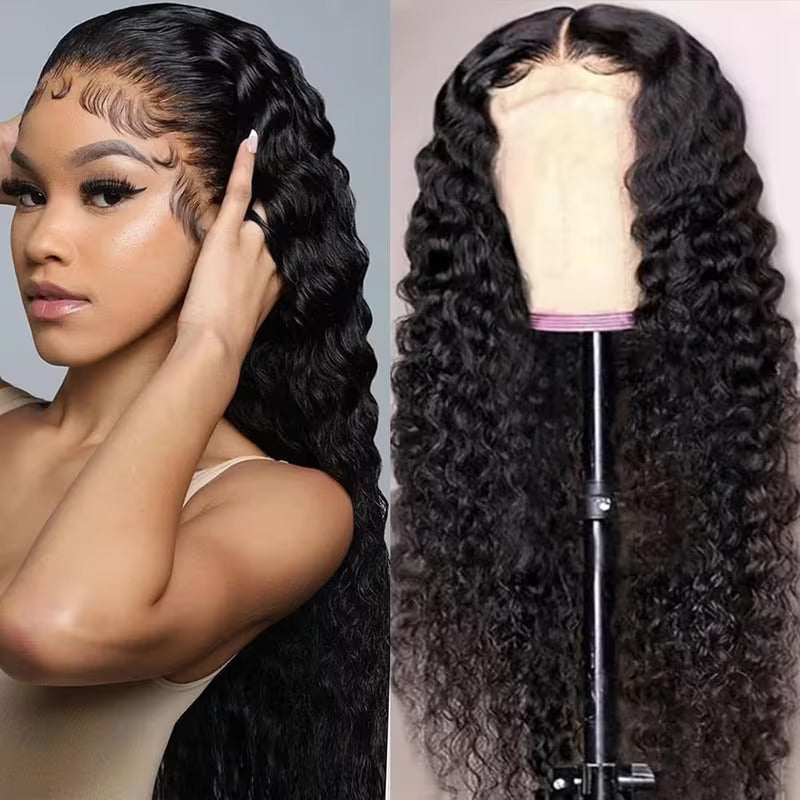 KinkyQ Jerry Curly Lace Front Wig side view worn and on stand
