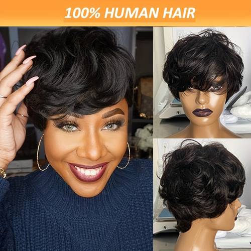 6" Curly Brazilian Human Hair Pixie Lace Front Wig 150% Density