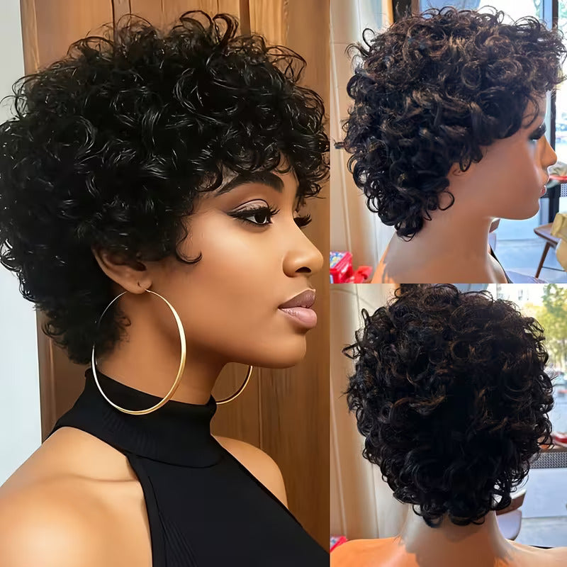 Natural Black Curly Afro Human Hair Wig front side and back view collage