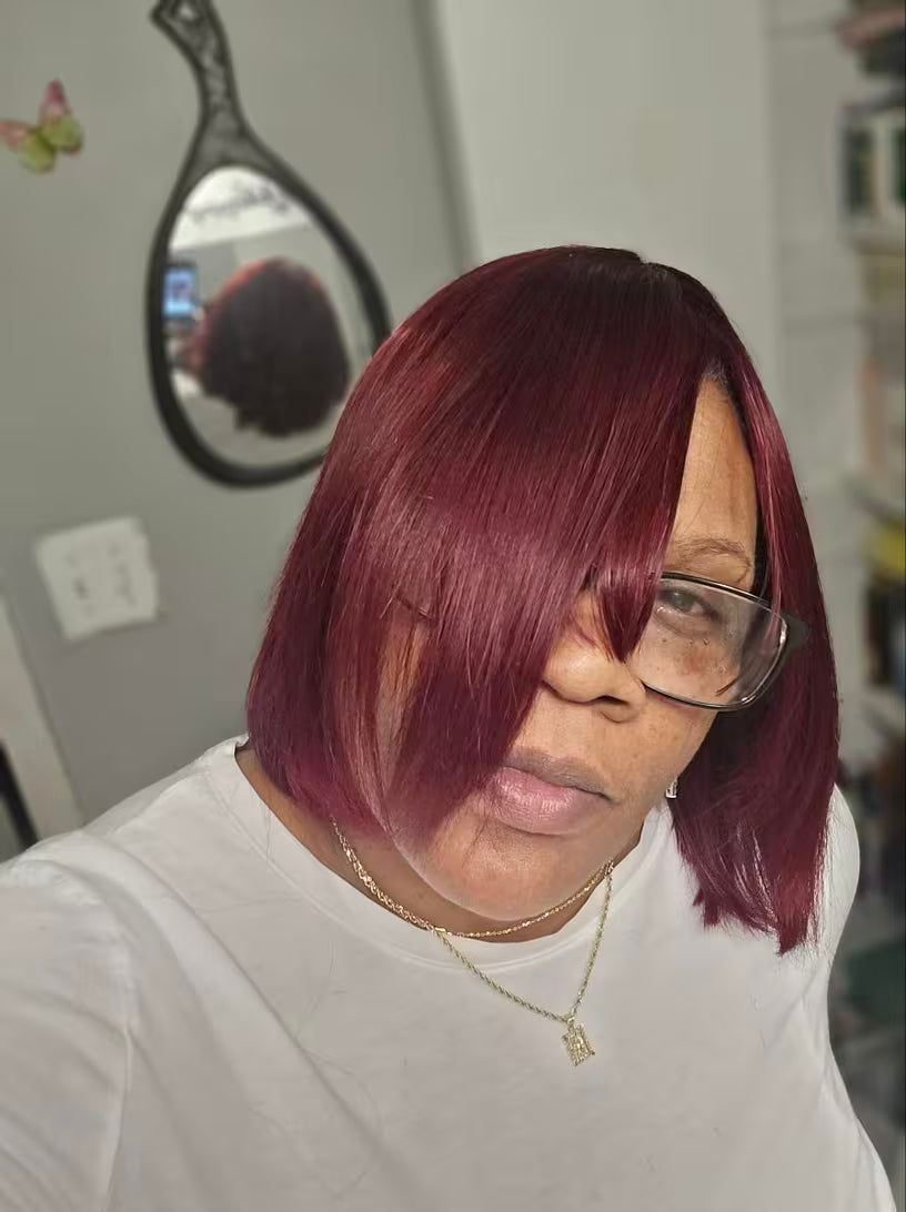 Glueless Short Bob Straight Human Hair Wig with Bangs – 8 Inch | Black & Burgundy Red
