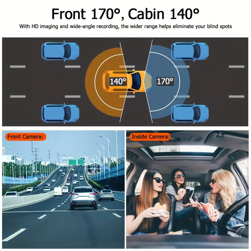 Dash Cam Front and Inside – 1080P Front + 720P Cabin | 170° Wide Angle, Night Vision, 24H Parking Monitor