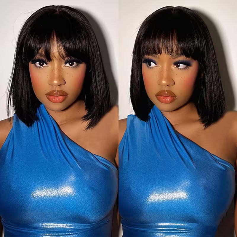 Glueless Short Bob Straight Human Hair Wig with Bangs – 8 Inch | Black & Burgundy Red