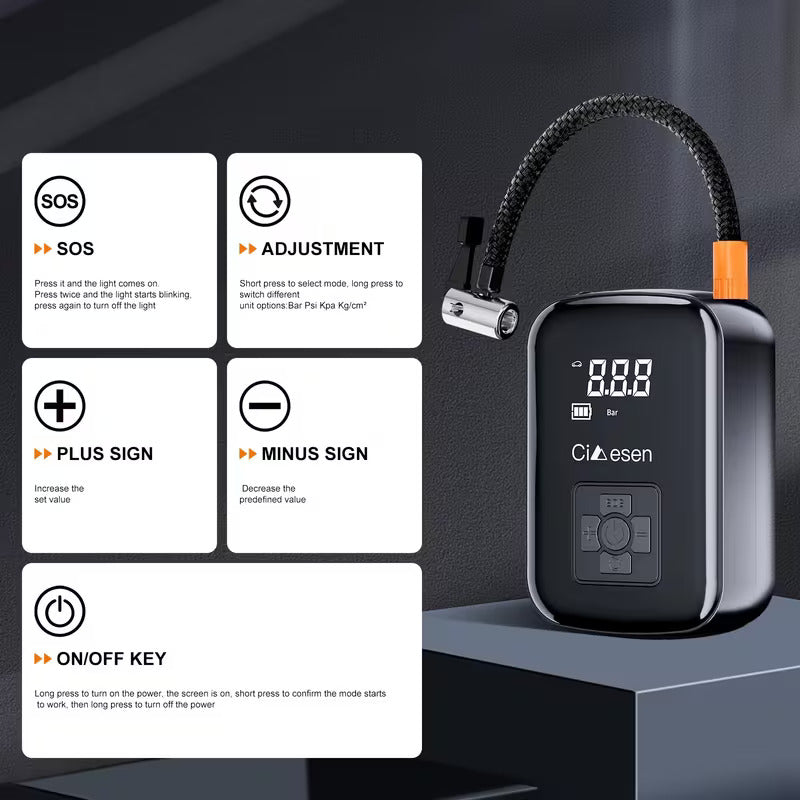 A black handheld air compressor with a flexible hose and digital display, shown next to six white instructional feature cards on a dark studio background. The product has an orange accent on the hose connector and the brand name 'C1aesen' on the front.
