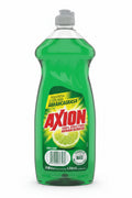 Axion dishwashing liquid bottle on a white surface with a red background