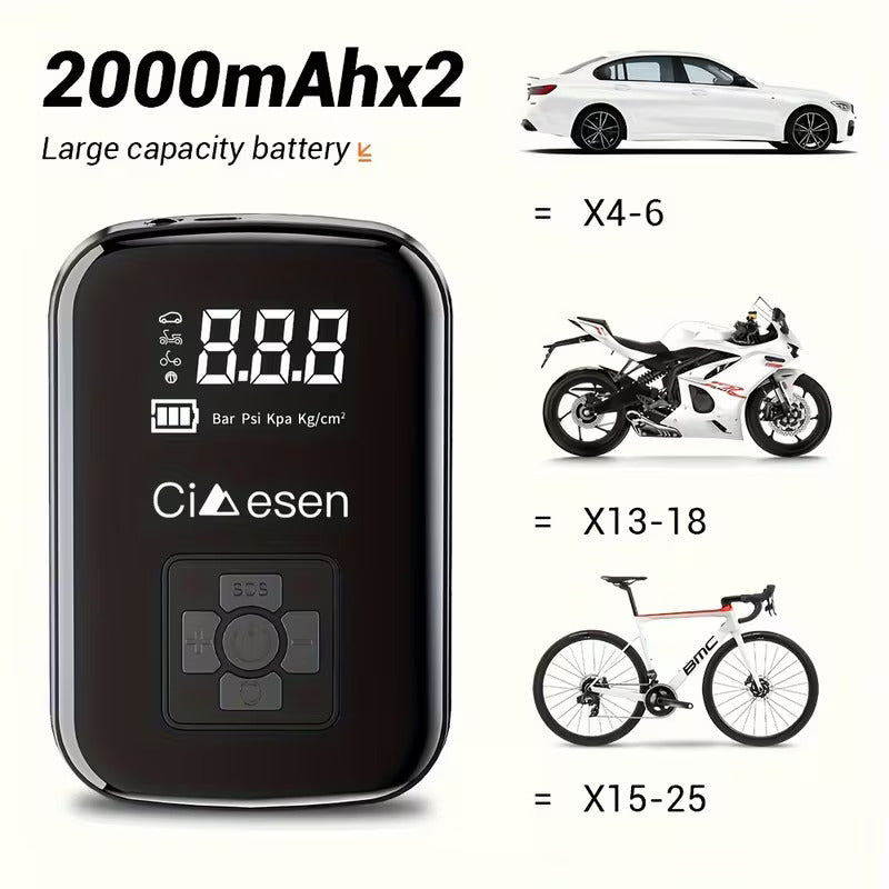 Ciaesen power bank with capacity display, shown with car, motorcycle, and bicycle illustrations to indicate size comparison.
