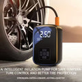 Inflation pump with digital display next to a car tire on a road background