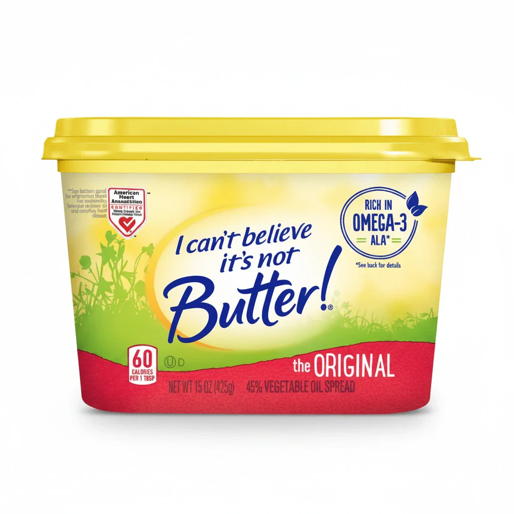 Container of 'I can't believe it's not Butter!' spread on a white background