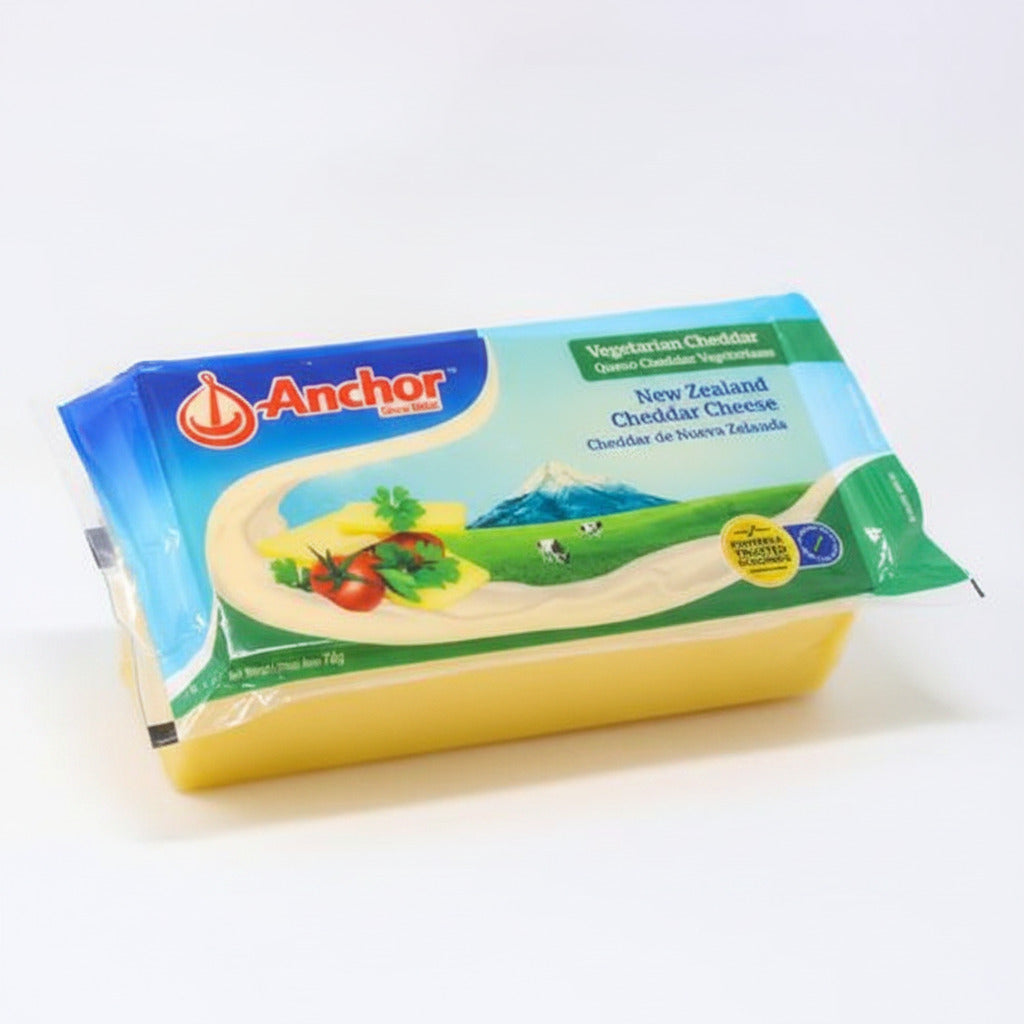 Packaged New Zealand Cheddar Cheese with Anchor brand on a white background