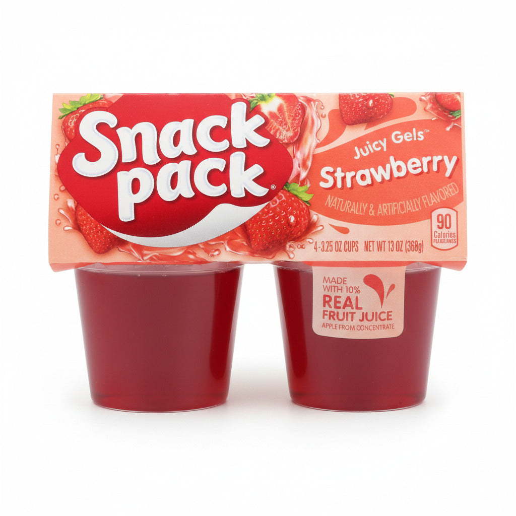 Strawberry juice gels packaging with 'Snack Pack' branding on a white background