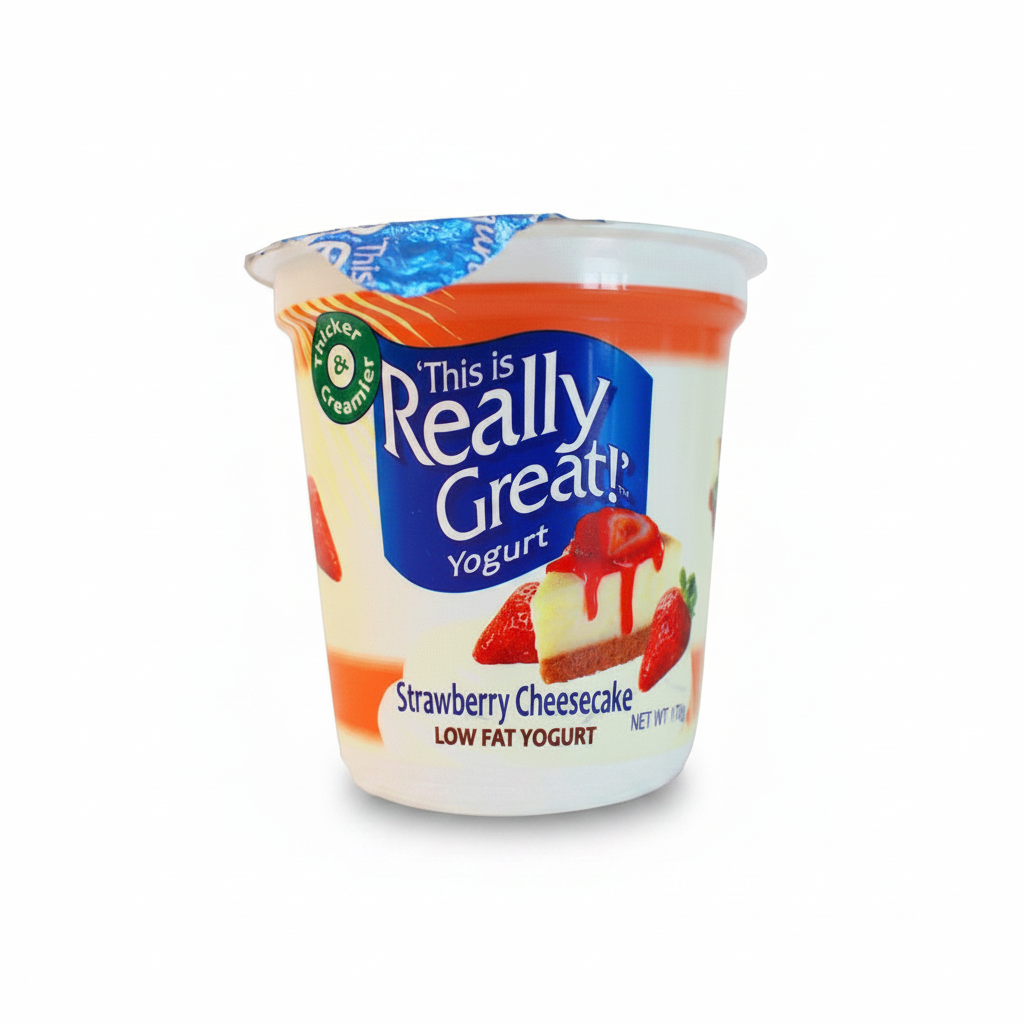 Yogurt container with 'This is Really Great!' branding on a dark background