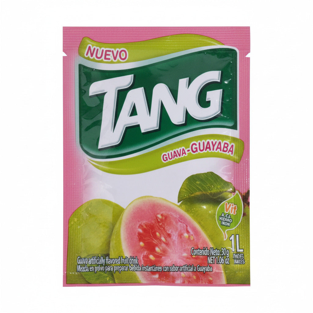 Tang guava-flavored drink mix packet on a white background
