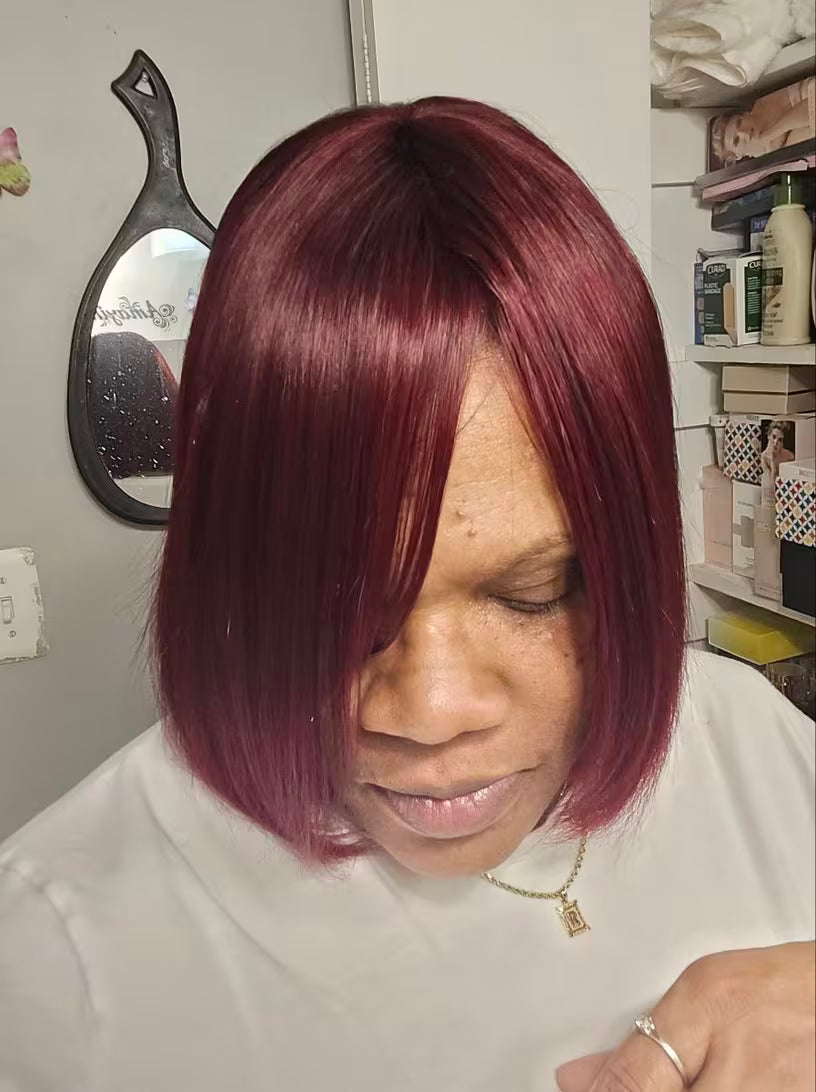 Glueless Short Bob Straight Human Hair Wig with Bangs – 8 Inch | Black & Burgundy Red