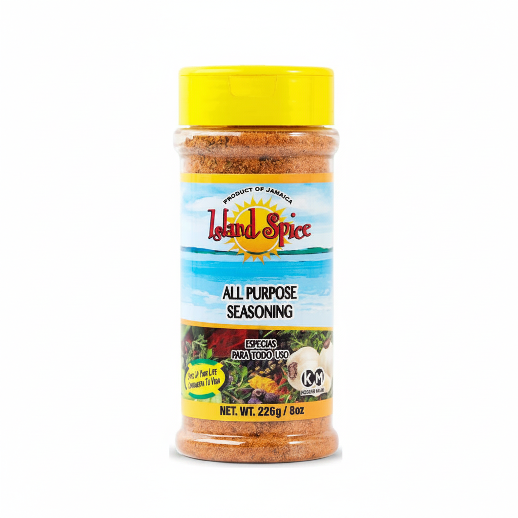 Jamaican all-purpose seasoning bottle with yellow lid on a white background