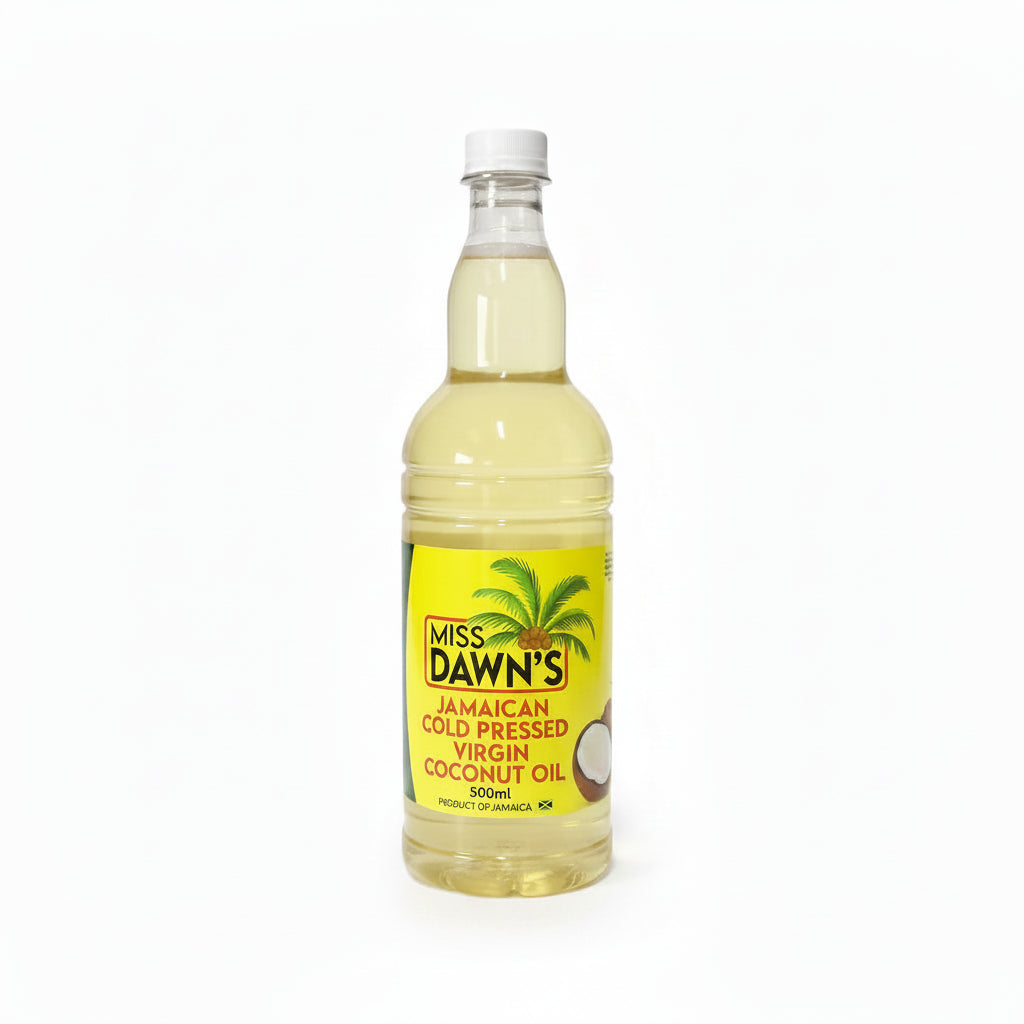 A bottle of Miss Dawn's Jamaican Cold Pressed Virgin Coconut Oil on a bright yellow background with a palm tree graphic and product text.