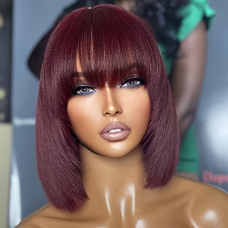 Glueless Short Bob Straight Human Hair Wig with Bangs – 8 Inch | Black & Burgundy Red