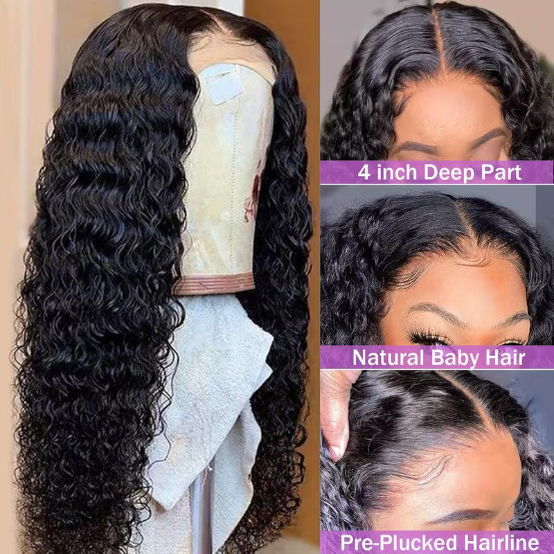 Deep Wave Human Hair Lace Front Wig 4x4 – Glueless, Pre-Plucked, Wet & Wavy | Natural Color