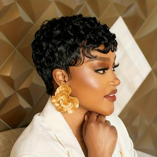 Natural Black Curly Brazilian Human Hair Pixie Wig 180% Density