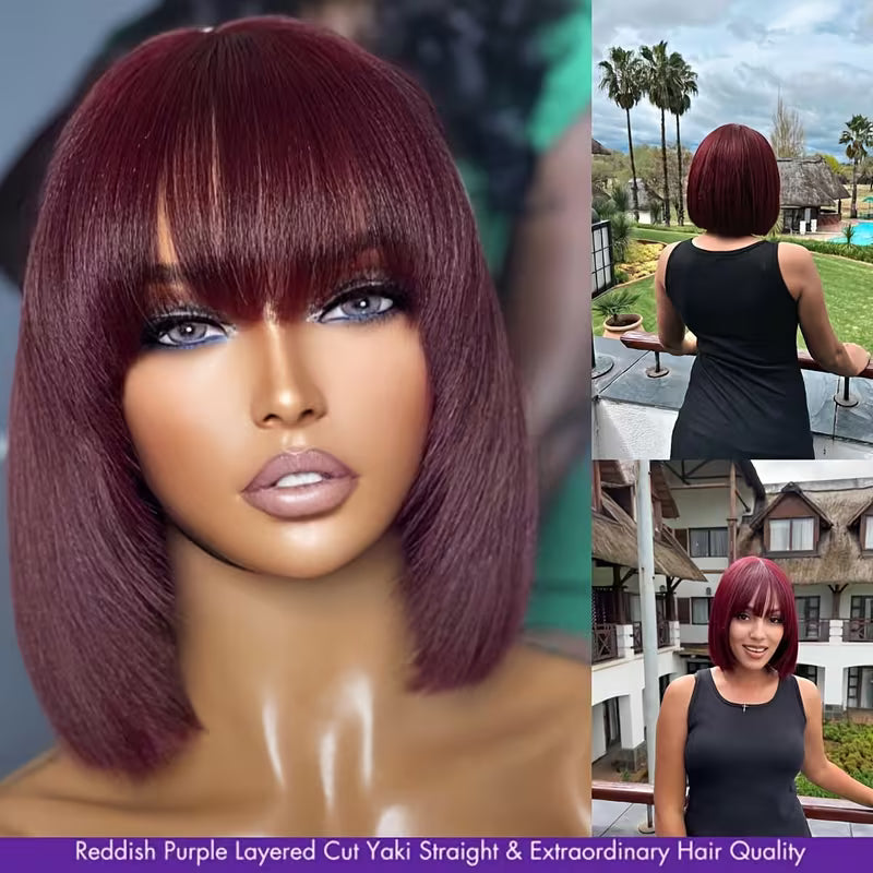 Glueless Short Bob Straight Human Hair Wig with Bangs – 8 Inch | Black & Burgundy Red