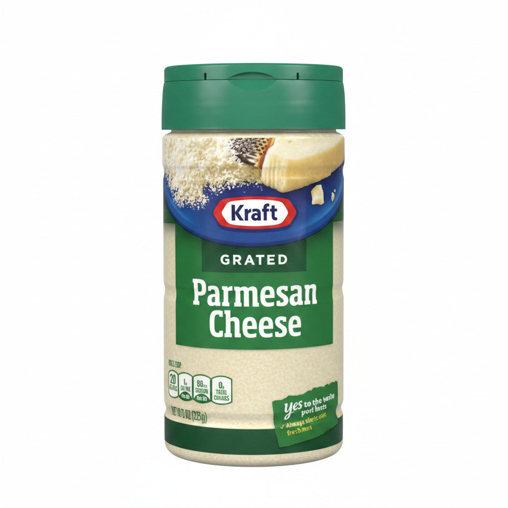 Kraft grated Parmesan Cheese container on a countertop