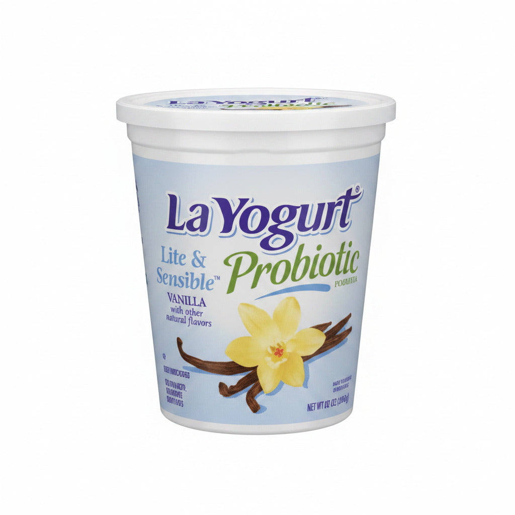 La Yogurt Lite & Sensible Probiotic vanilla yogurt container on a wooden surface