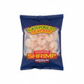 Packaged shrimp from Rainforest Seafoods with a blue background