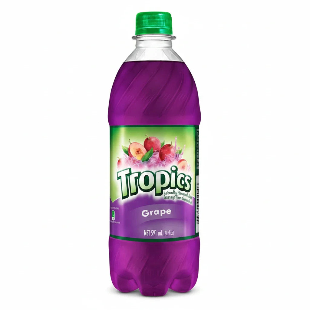 Tropics grape soda bottle with green cap and label