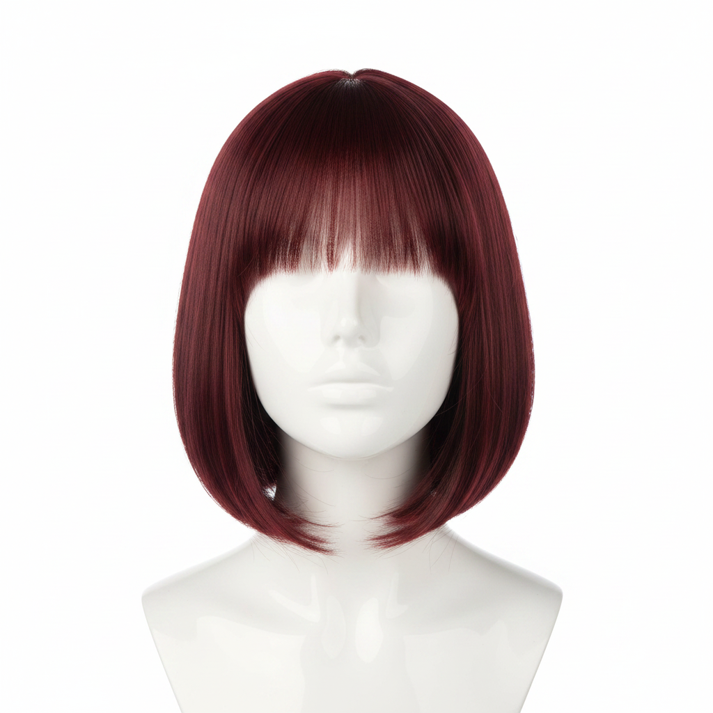 Glueless Short Bob Straight Human Hair Wig with Bangs - Burgundy Red 8 inch