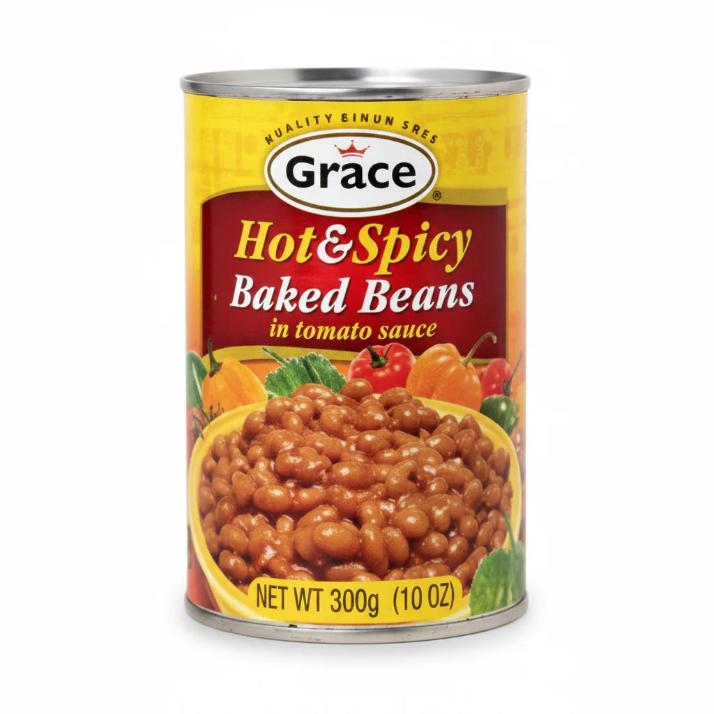 Can of Grace Hot & Spicy Baked Beans on a white background