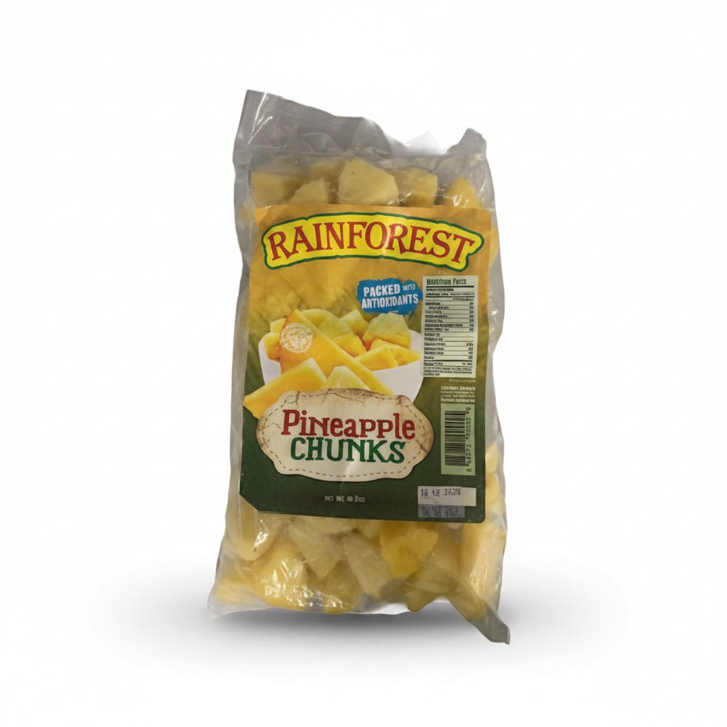 Bag of Rainforest pineapple chunks on a white background