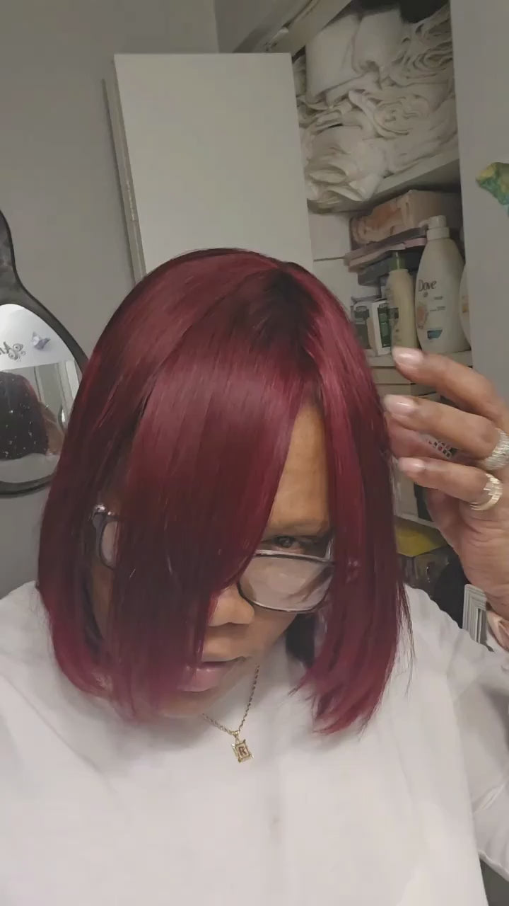 Glueless Short Bob Straight Human Hair Wig with Bangs – 8 Inch | Black & Burgundy Red